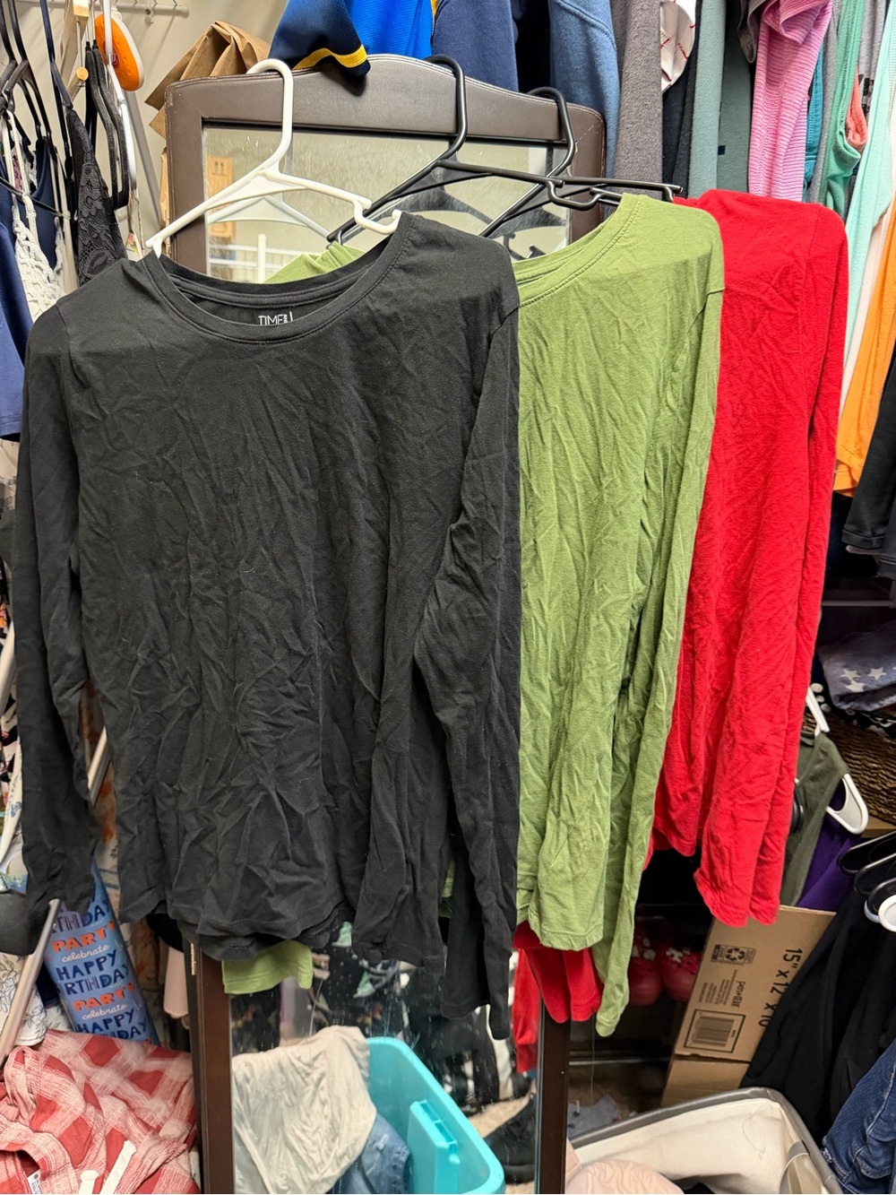 Time and Tru Long Sleeve Crew Neck Top in Black, Olive, Red